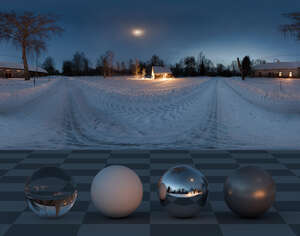 HDRI panoarama of a night falling on a country house in winter with snow