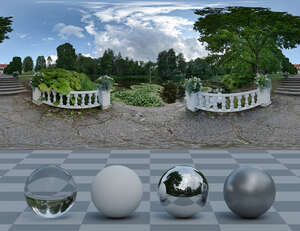 HDRI panorama of platform with balustrade by a pond in a park