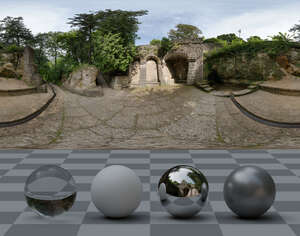 HDRI panorama of a park area with stone alcoves and a pond