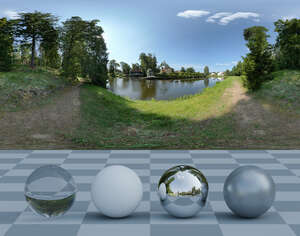 HDRI panorama of a park with a pond and a pavillion