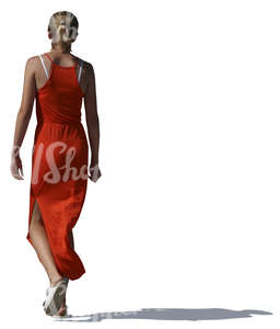 woman in a long red dress walking
