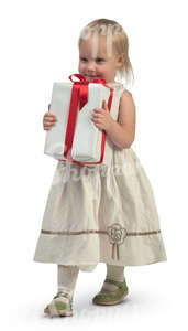 little girl in a white dress carrying a big gift box