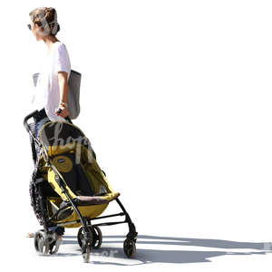 young woman standing with a baby carriage