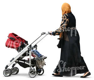 muslim woman pushing a baby carriage