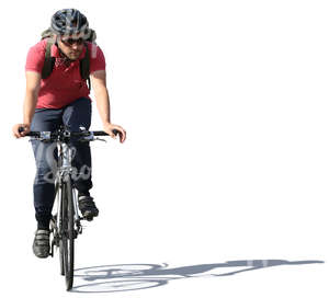man with a helmet and sunglassees riding a bike
