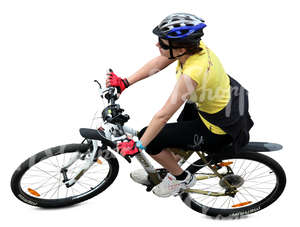 woman with a helmet riding a bike seen from above