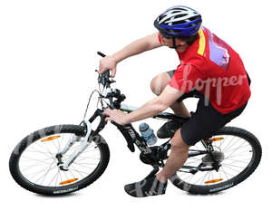 man with a helmet riding a bike seen from above