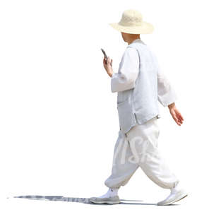 asian man wearing white blouse and trousers walking