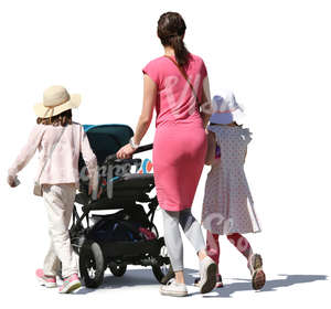 mother with her daughters and baby carriage walking