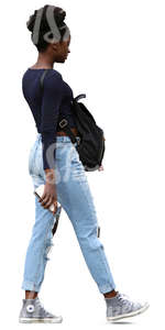 young african woman walking and wearing a backpack on the front