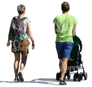 man and woman walking with a baby stroller