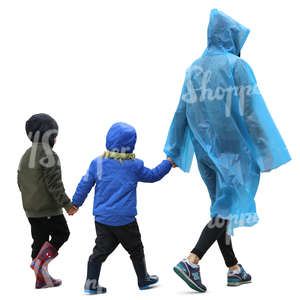 mother and two children walking in rain