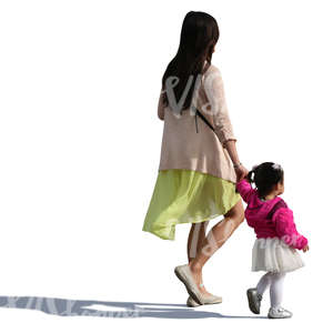 asian woman walking hand in hand with her small daughter