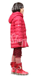 asian girl in a red winter coat standing