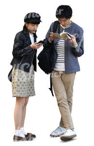 young asian couple standing and checking for directions