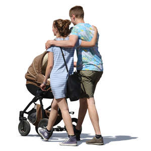 couple walking with a baby carriage