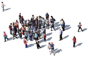 large group of people standing and walking seen from above