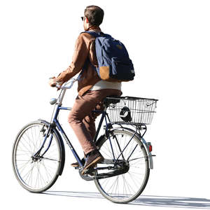 man with a backpack riding a bike