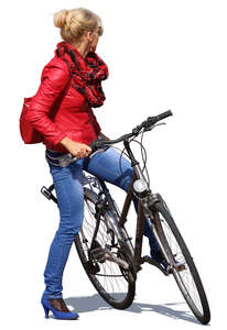 woman with a bicycle standing and looking around