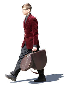 teenage boy carrying a french horn case