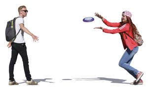 man and woman playing frisbee