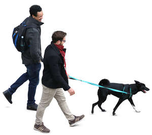 two men walking with a dog seen from above