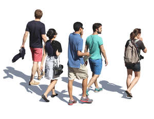 group of five young people walking seen from above