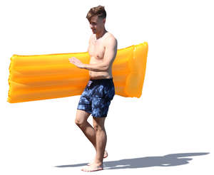 man walking with a swimming mattress