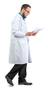 male doctor walking and reading papers
