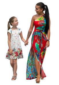 mother and daughter in summer dresses walking hand in hand