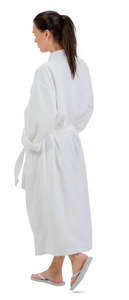 woman in a bathrobe walking