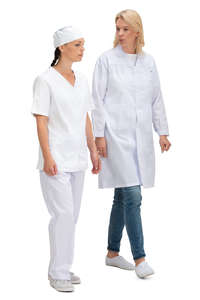 two medical workers walking and talking