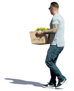 man carrying a box of plants