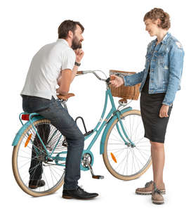 man and woman with a bike talking