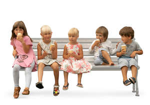 five kids sitting on a bench and eating ice cream