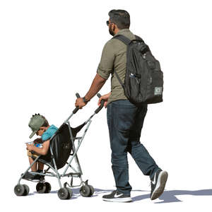 father pushing his son in a stroller