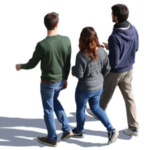 group of three people walking and talking seen from above