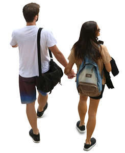 couple seen from above walking hand in hand