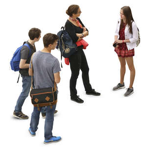 group of four youngsters standing and talking seen from above