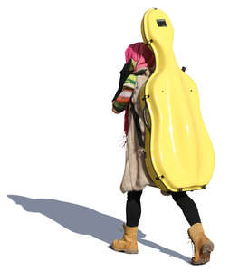 woman carrying a yellow cello case walking and talking on the phone