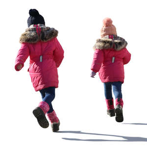 two girls in pink overcoats running around