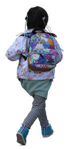 little asian girl with a colorful backpack running