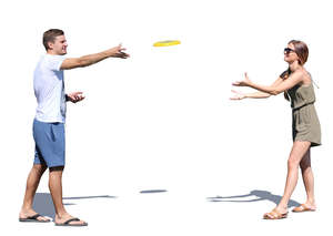 man and woman playing frisbee