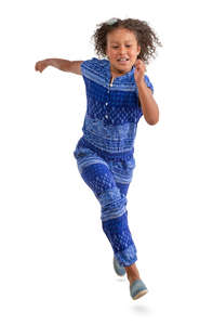 african girl in a blue jumpsuit running