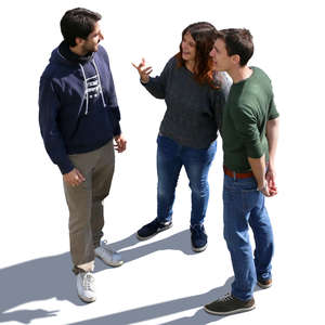 three people standing and talking seen from above