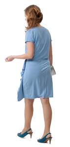 woman in a blue party dress walking
