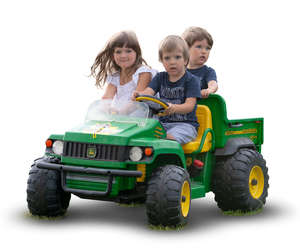 three children riding a toy car