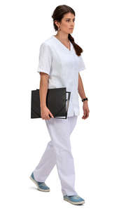 young female medical worker walking