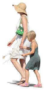 mother and daughter walking hand in hand in summer