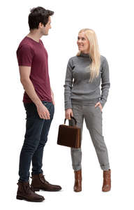 man and woman standing and talking